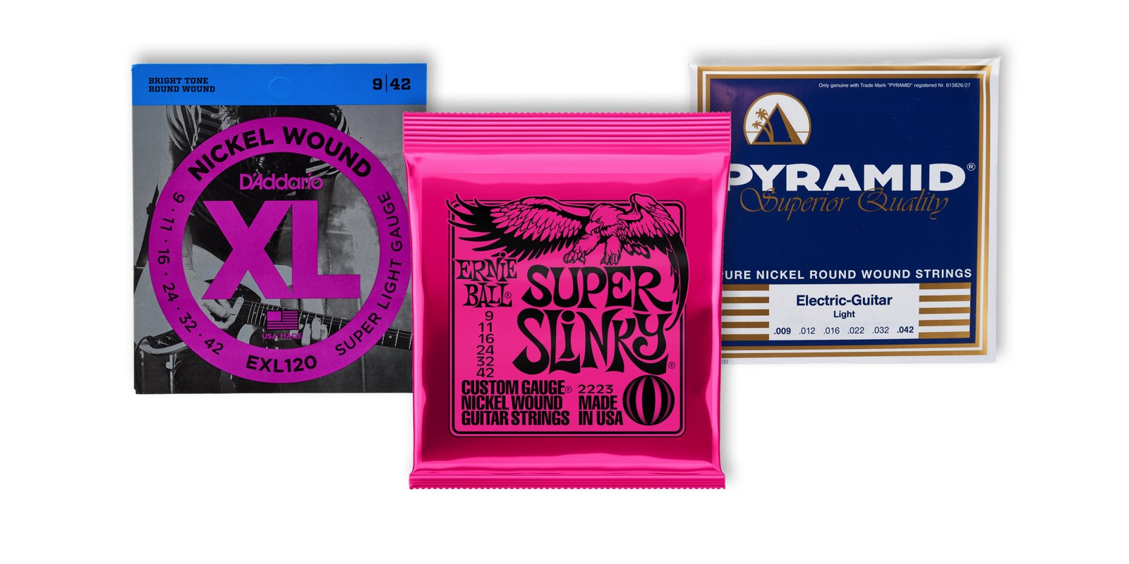 Saitensätze für E-Gitarre von D'Addario, Ernie Ball und Pyramid