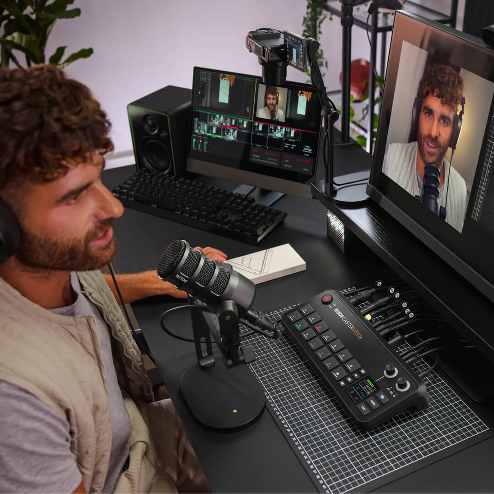 Un homme utilise la console vidéo Rode RodeCaster pour une présentation de produit