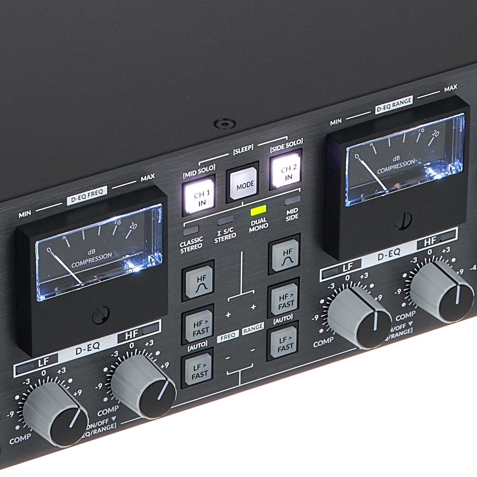 Controls on the SSL BUS+ Analogue stereo / dual mono / MS bus compressor
