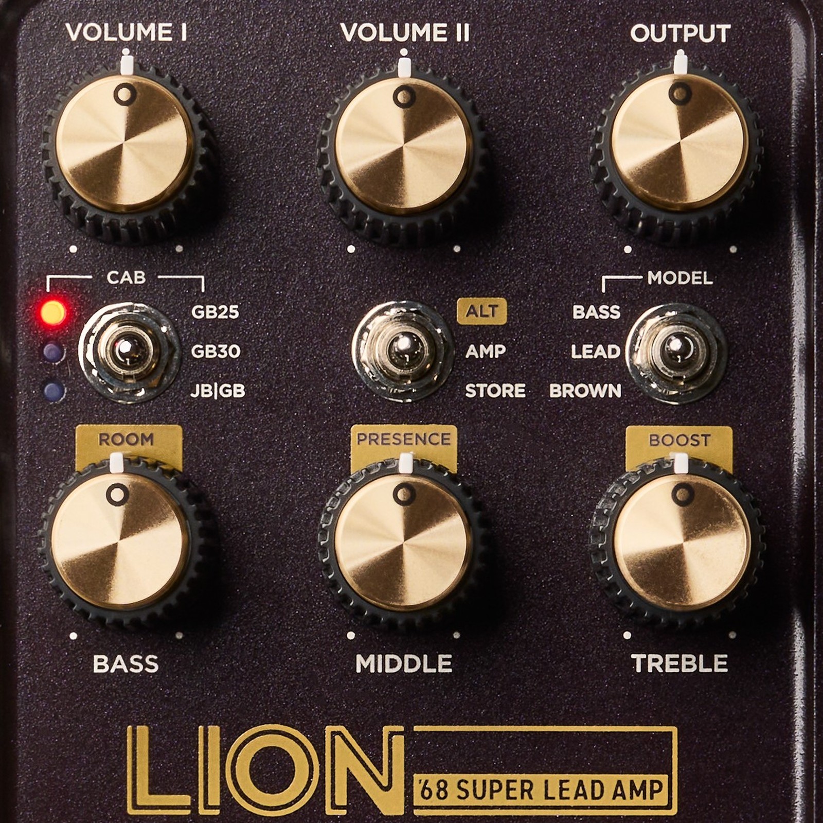 Controls on the front panel of the Universal Audio UAFX Lion 68 Super Lead Amp
