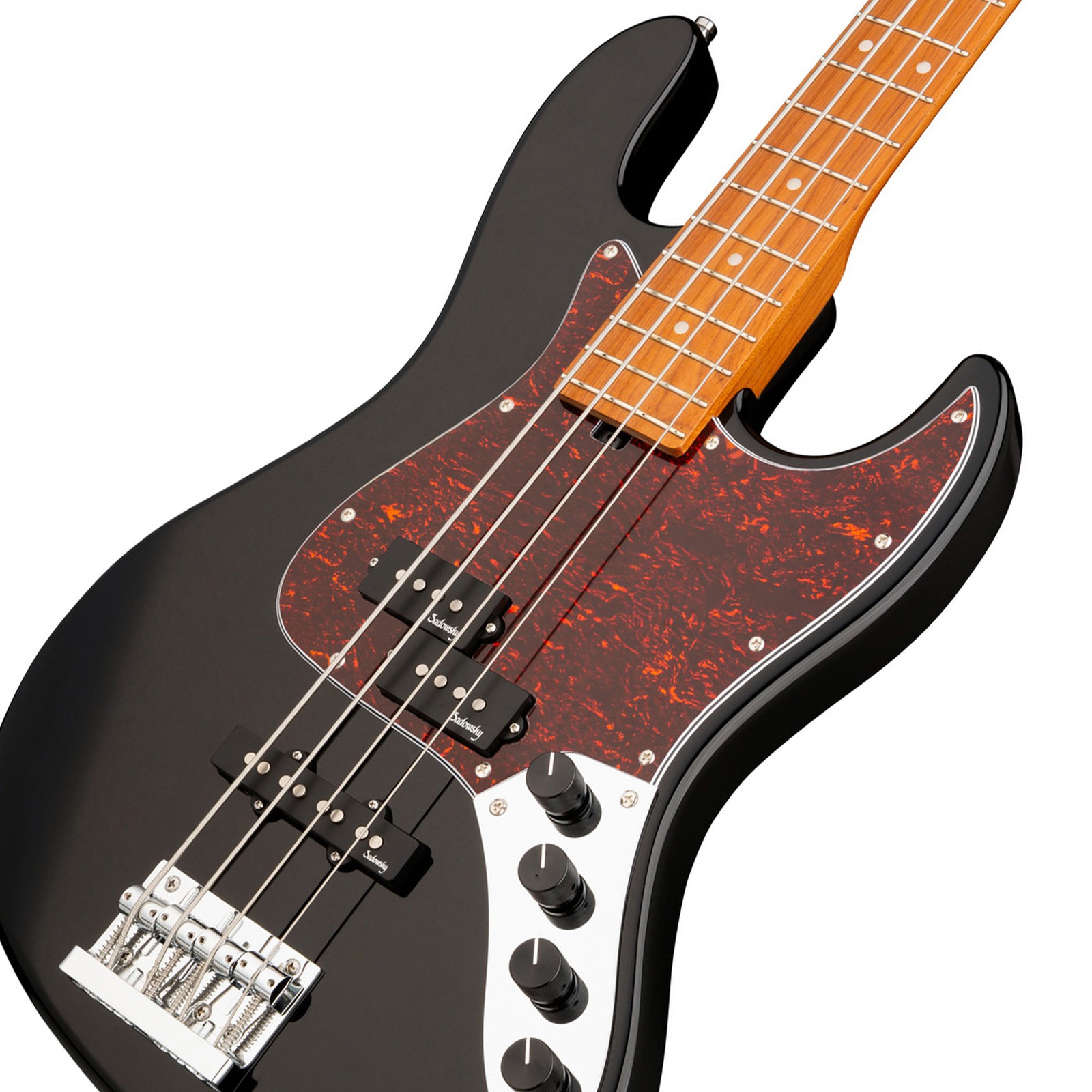 Body and dual pickups on the Sadowsky MetroExpress 21 Hybrid PJ 4 Black, bass guitar