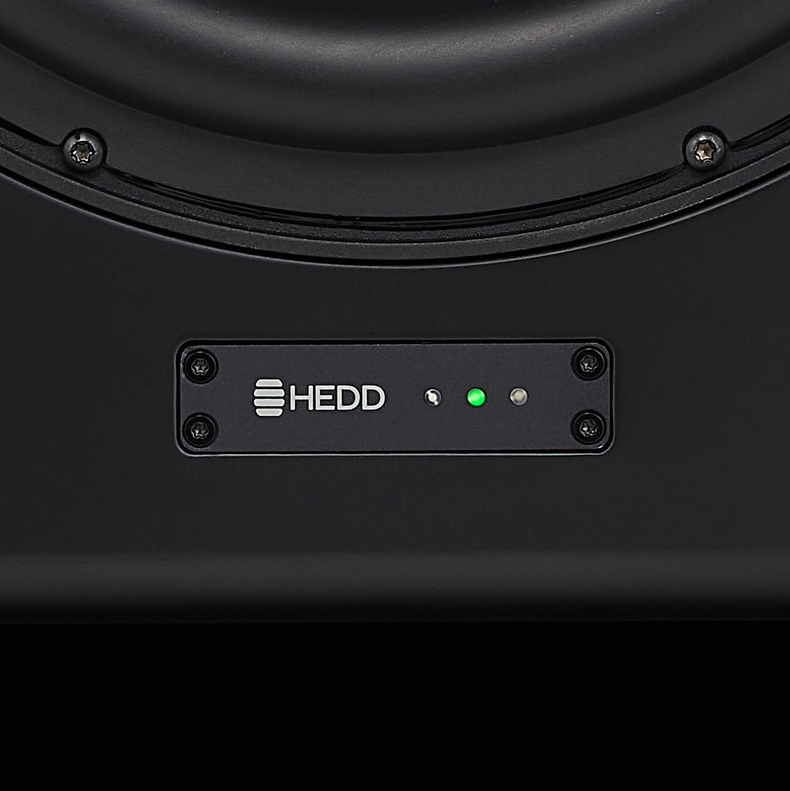 Manufacturer's logo on the HEDD Bass 12, studio subwoofer
