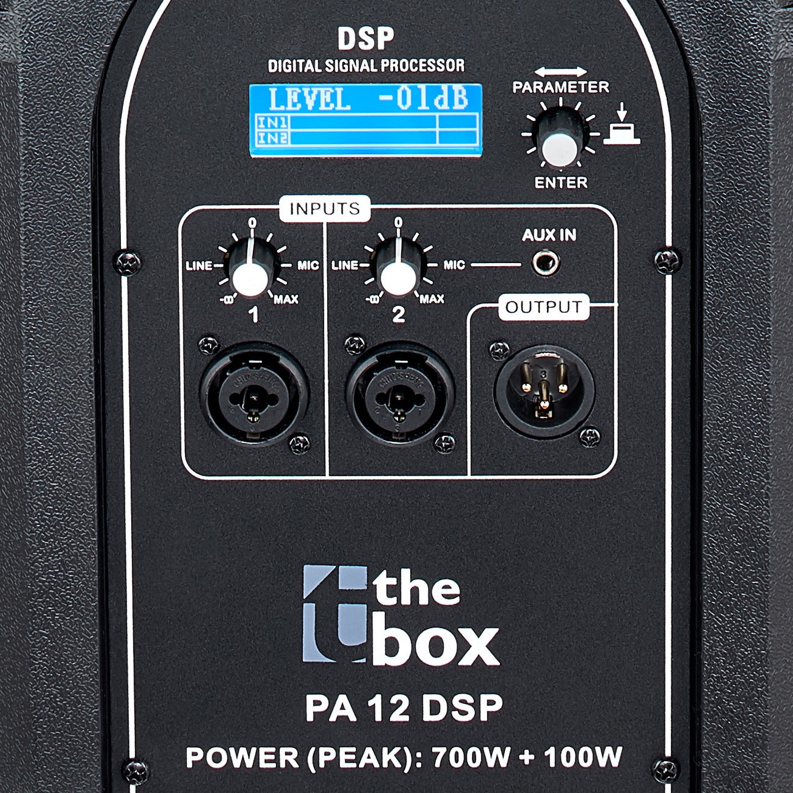 Connectique et panneau de contrôle de l’enceinte active the box PA 12 DSP Fullrange