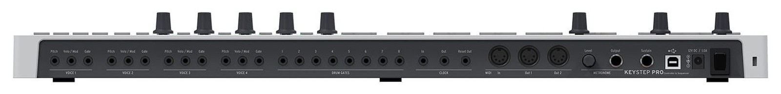 Connections on the Arturia Keystep Pro USB / MIDI controller keyboard with sequencer