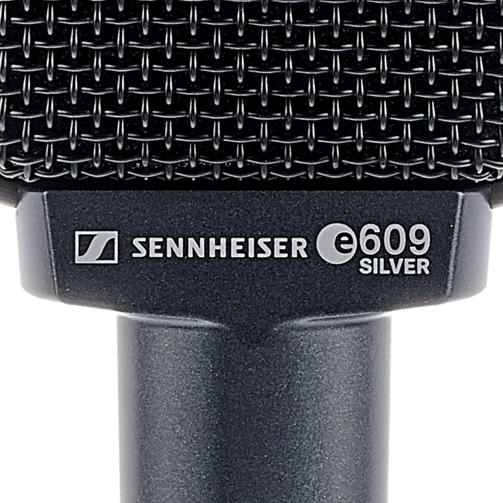 Sennheiser logo on the E609 Silver Dynamic Instrument Microphone