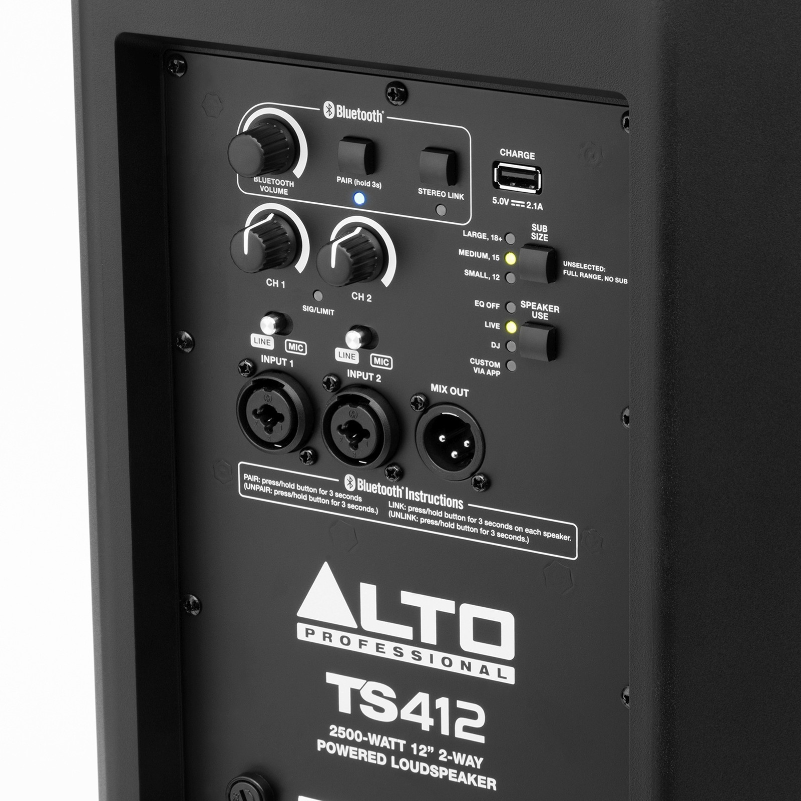 Anschlüsse und Regler auf der Rückseite des Alto TS 412
