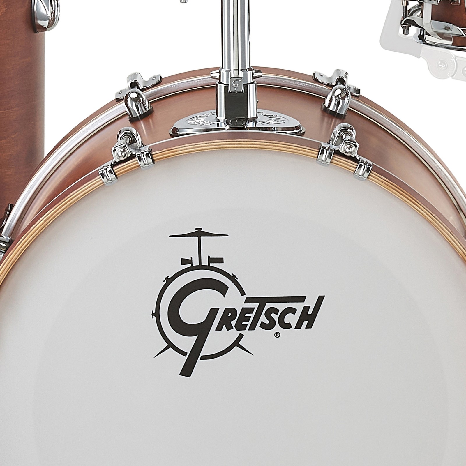 White bass drum resonant head with Gretsch logo