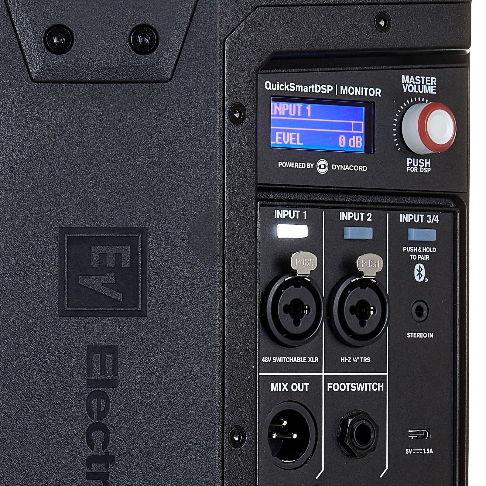 Connections and control buttons of the Electro-Voice Everse 8 full-range speaker