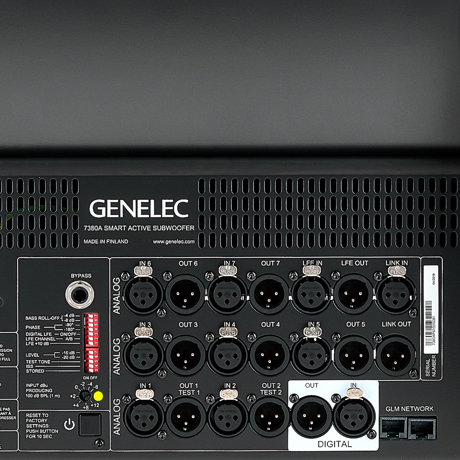 Back of the Genelec 7380 AP subwoofer with controls