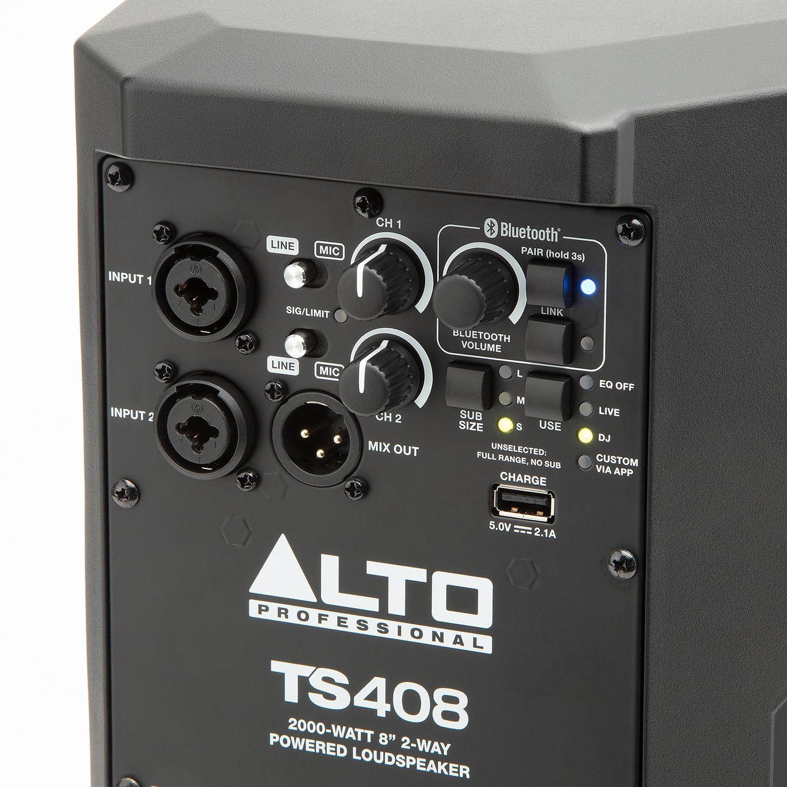 Connections, controls and buttons on the back of the Alto TS408