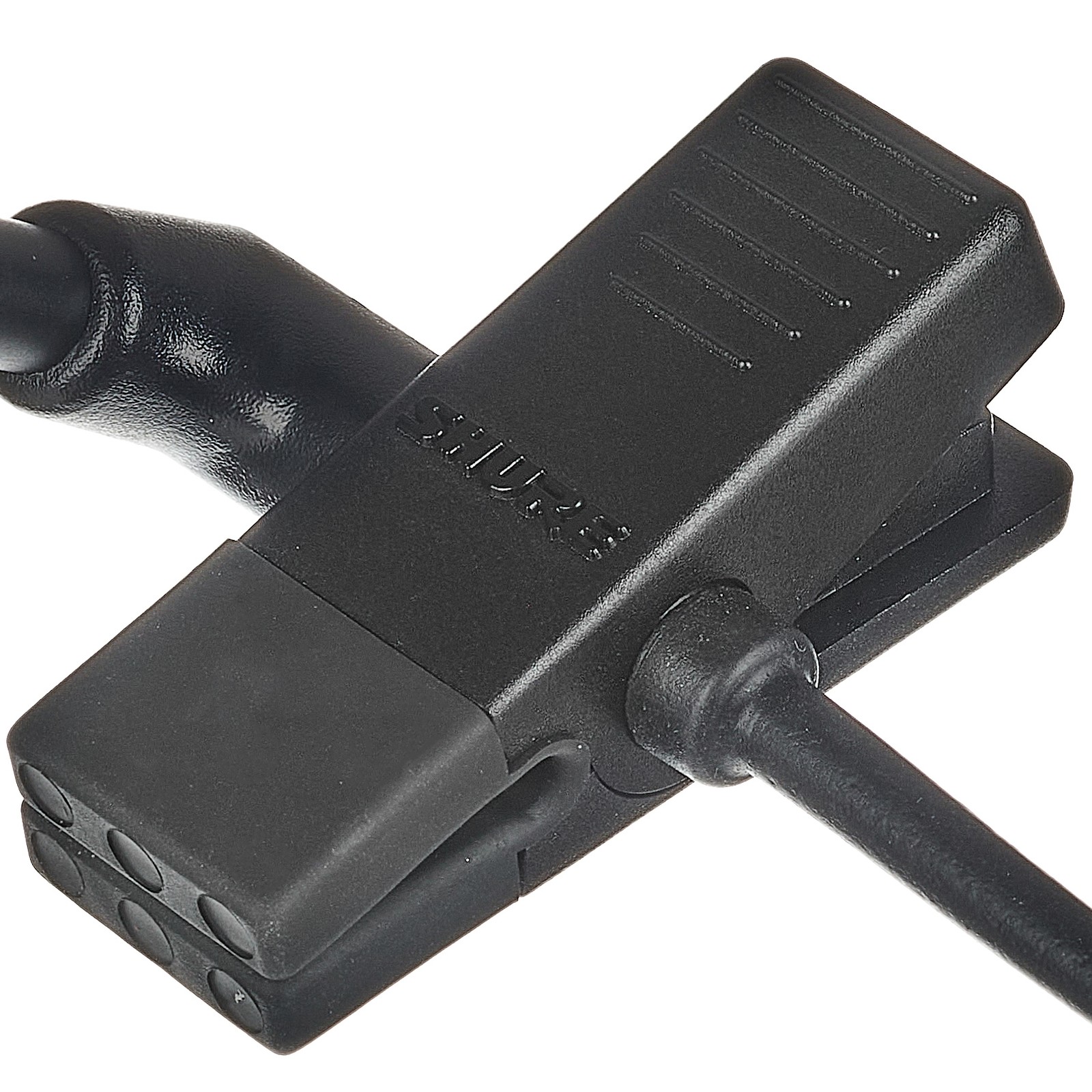 Shure logo on WB98 H/C condenser clip-on microphone with gooseneck