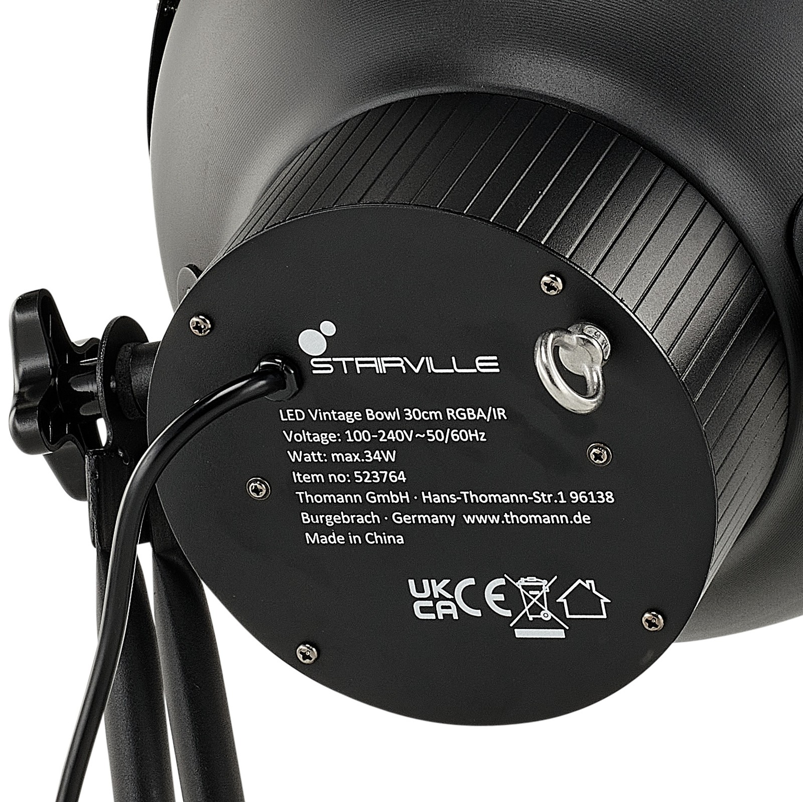 Rear panel and power cable of the Stairville LED Vintage Bowl 30 RGBA IR.