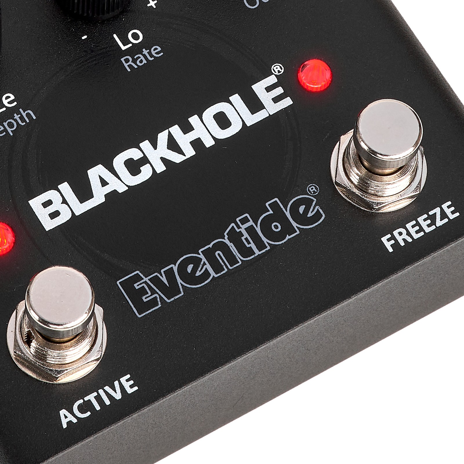 Footswitches on the Eventide Blackhole reverb effect pedal for electric guitar and bass