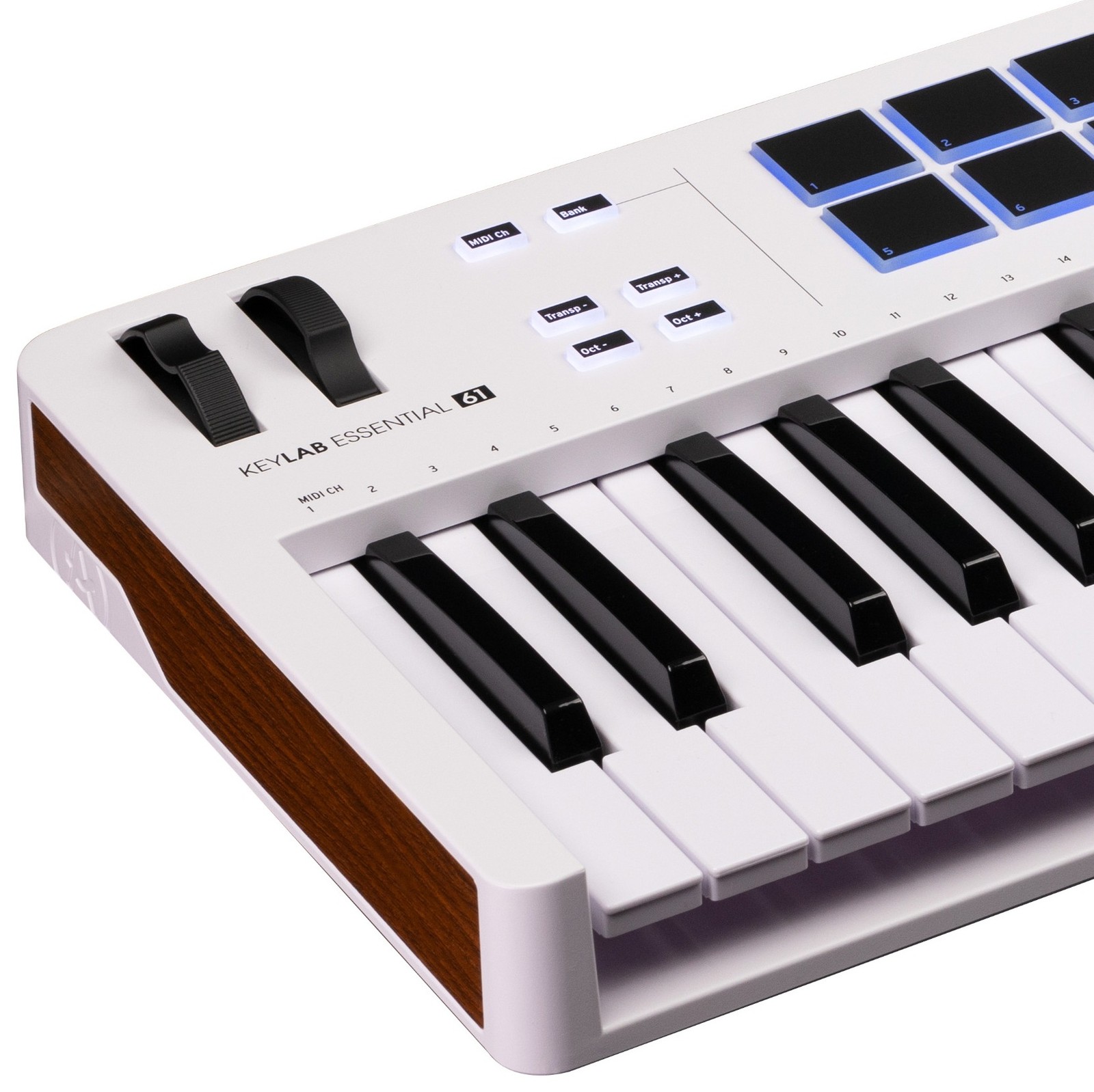 Pitch bend and modulation wheels adjacent to the pads on the Arturia KeyLab Essential 61 Mk3 White