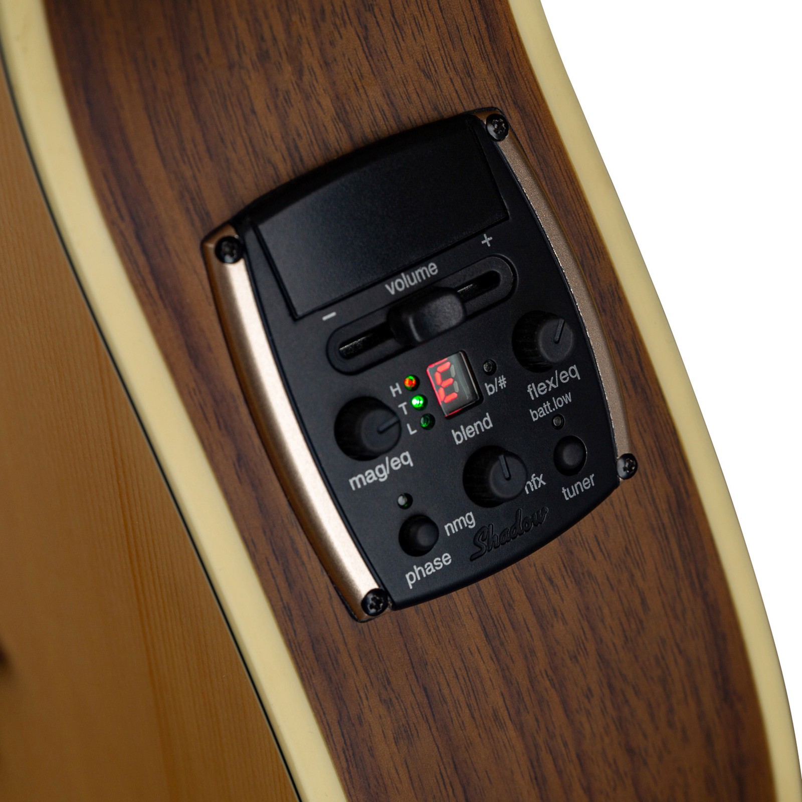 Preamp on the side of the Warwick Alien Deluxe 4 Hybrid Thinline Left-Handed, acoustic bass