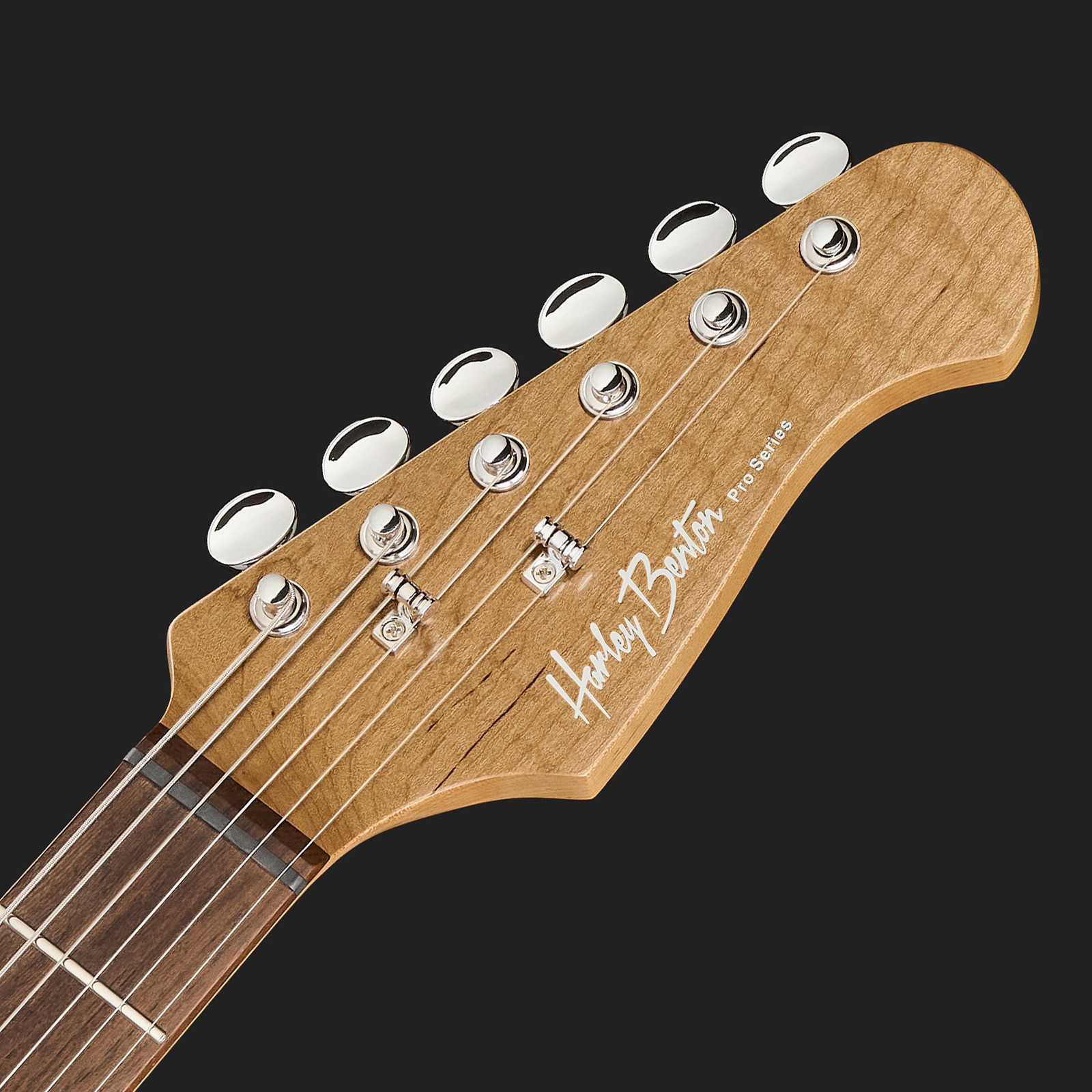 Harley Benton electric guitar headstock made from roasted maple