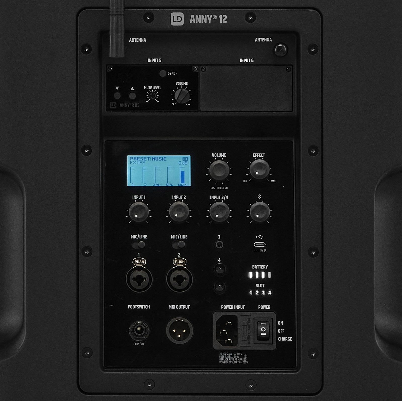 Rückseite des LD Systems ANNY 12 BPH B5 mit Bedienelementen