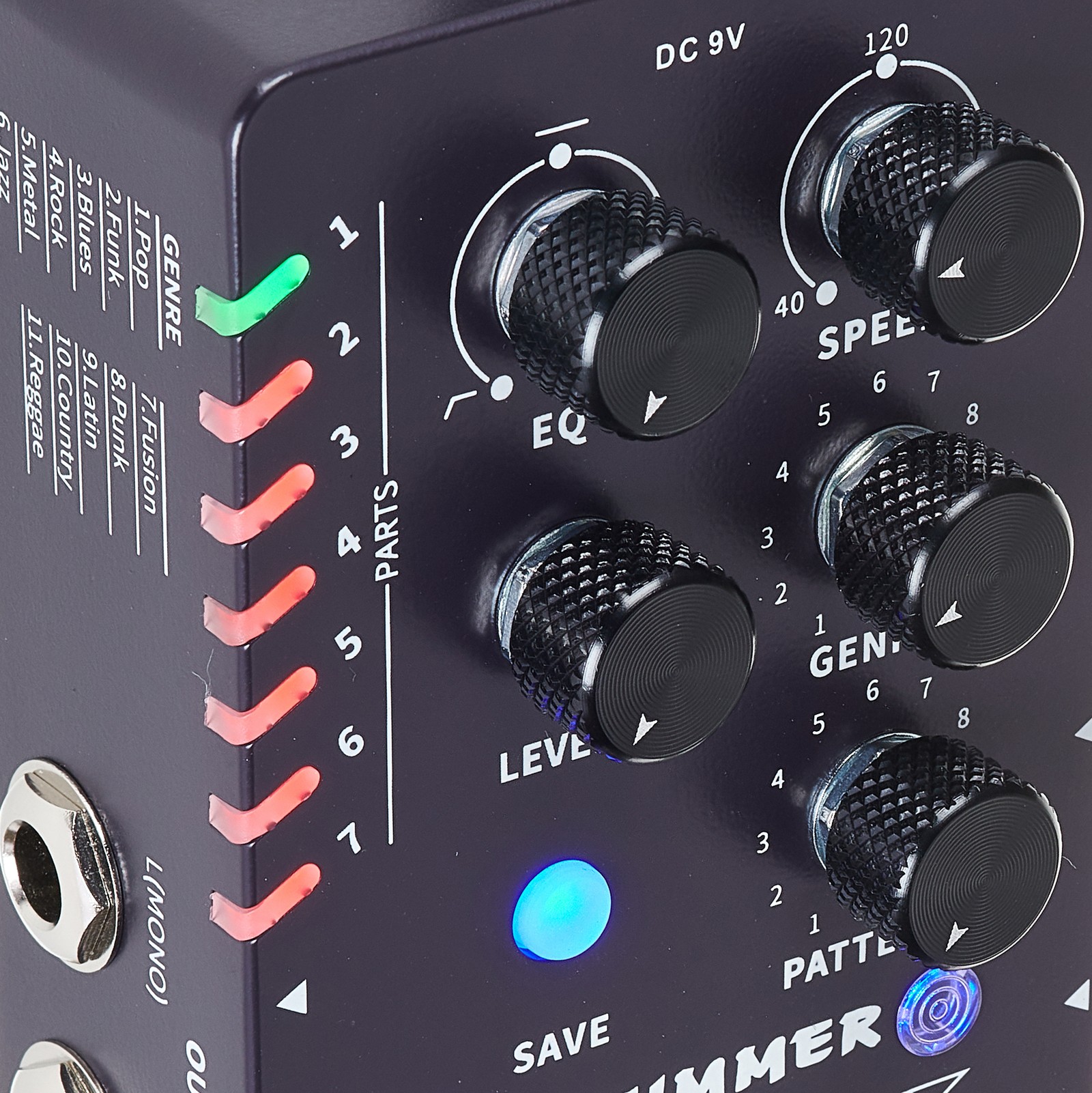 Mooer Stereo Drummer X2 mit Regler für EQ, Level, Speed, Genre, Save Taster