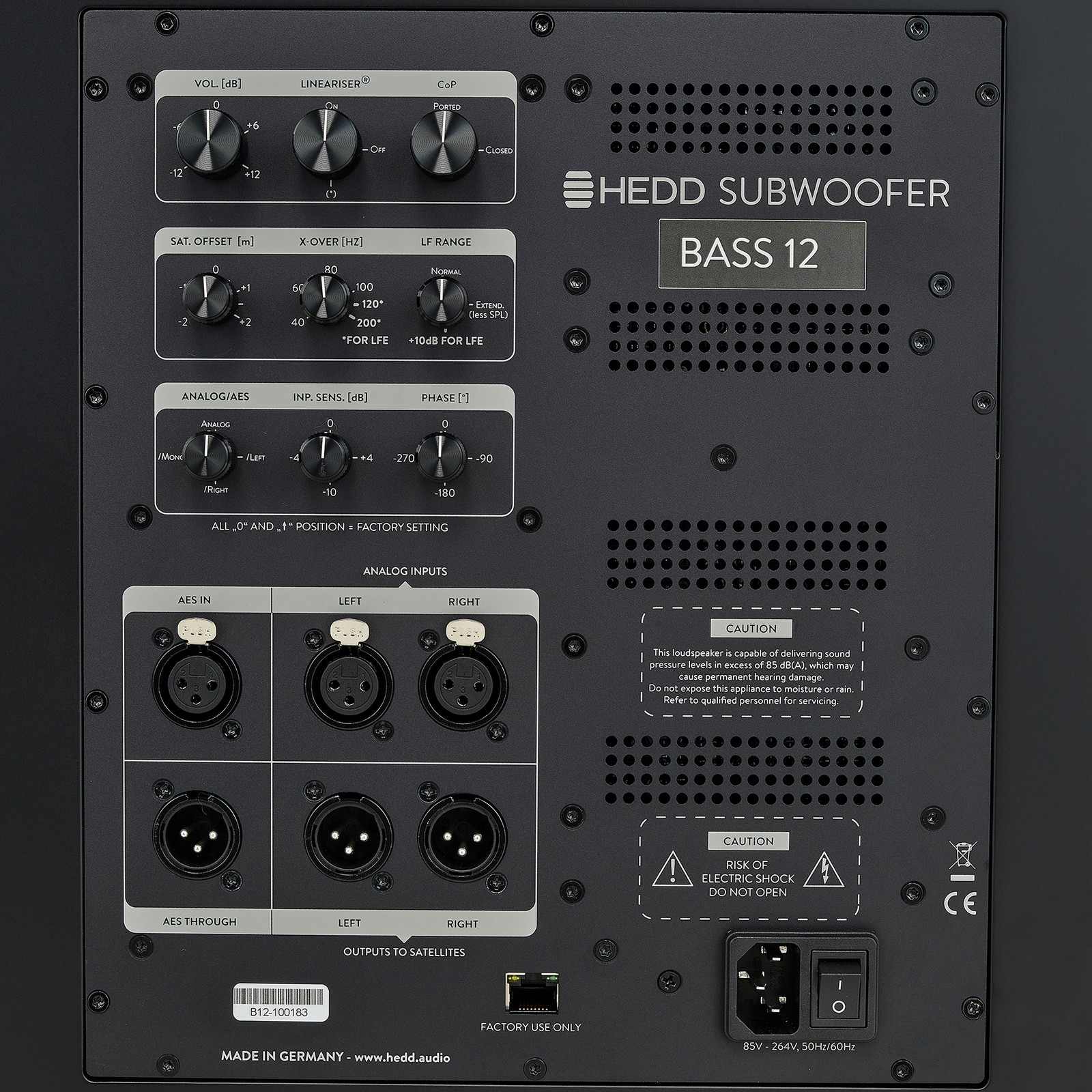 Rear view of the HEDD Bass 12, studio subwoofer