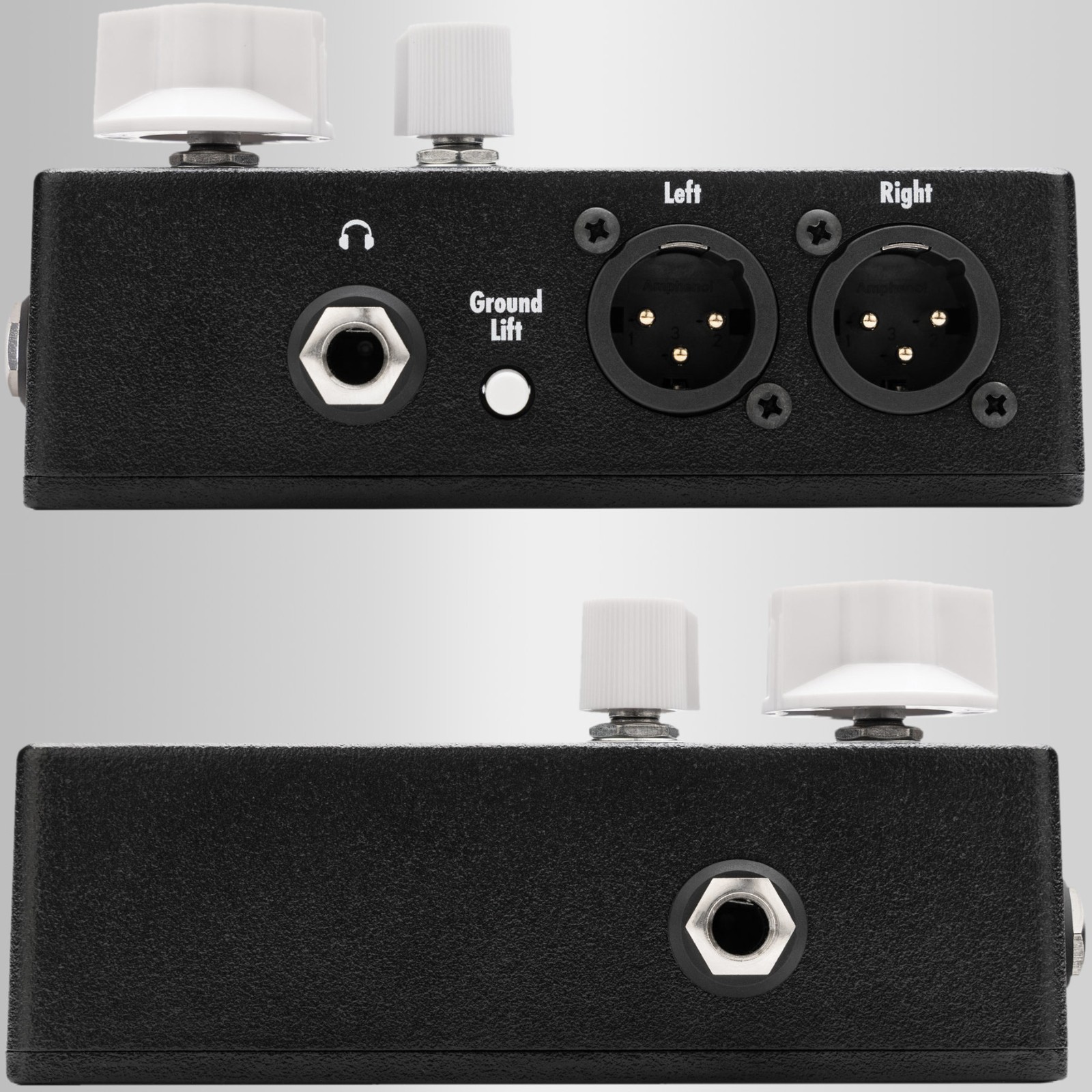 Anschlüsse an beiden Seiten des EarthQuaker Devices Stereo Easy Listening Amp Simulators
