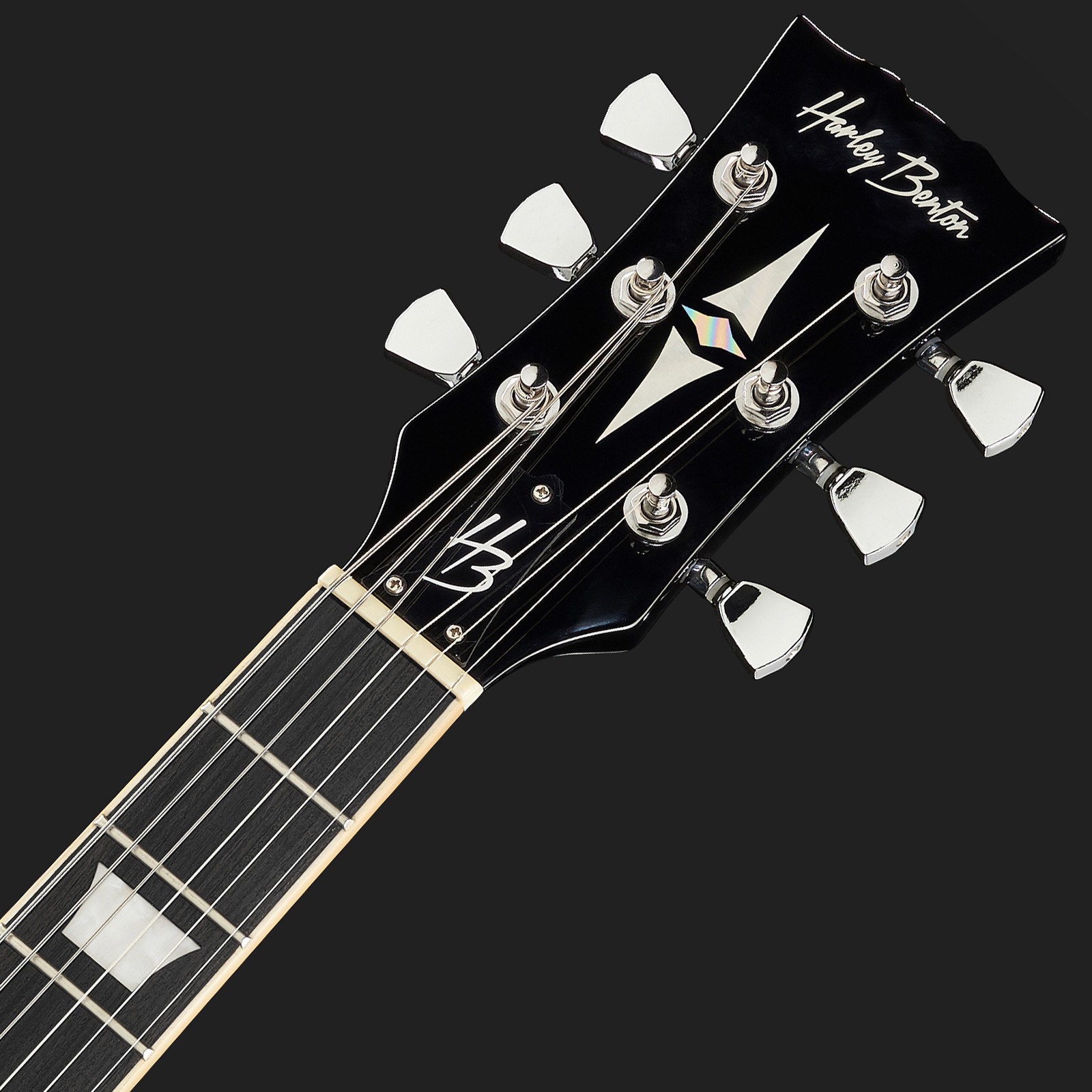 Schwarze Harley Benton E-Gitarre Kopfplatte