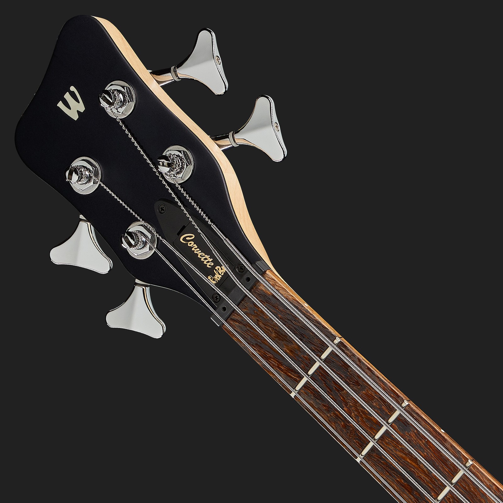 Headstock, Warwick RockBass Corvette Basic 4 Left-Handed Nirvana Black, left-handed bass guitar