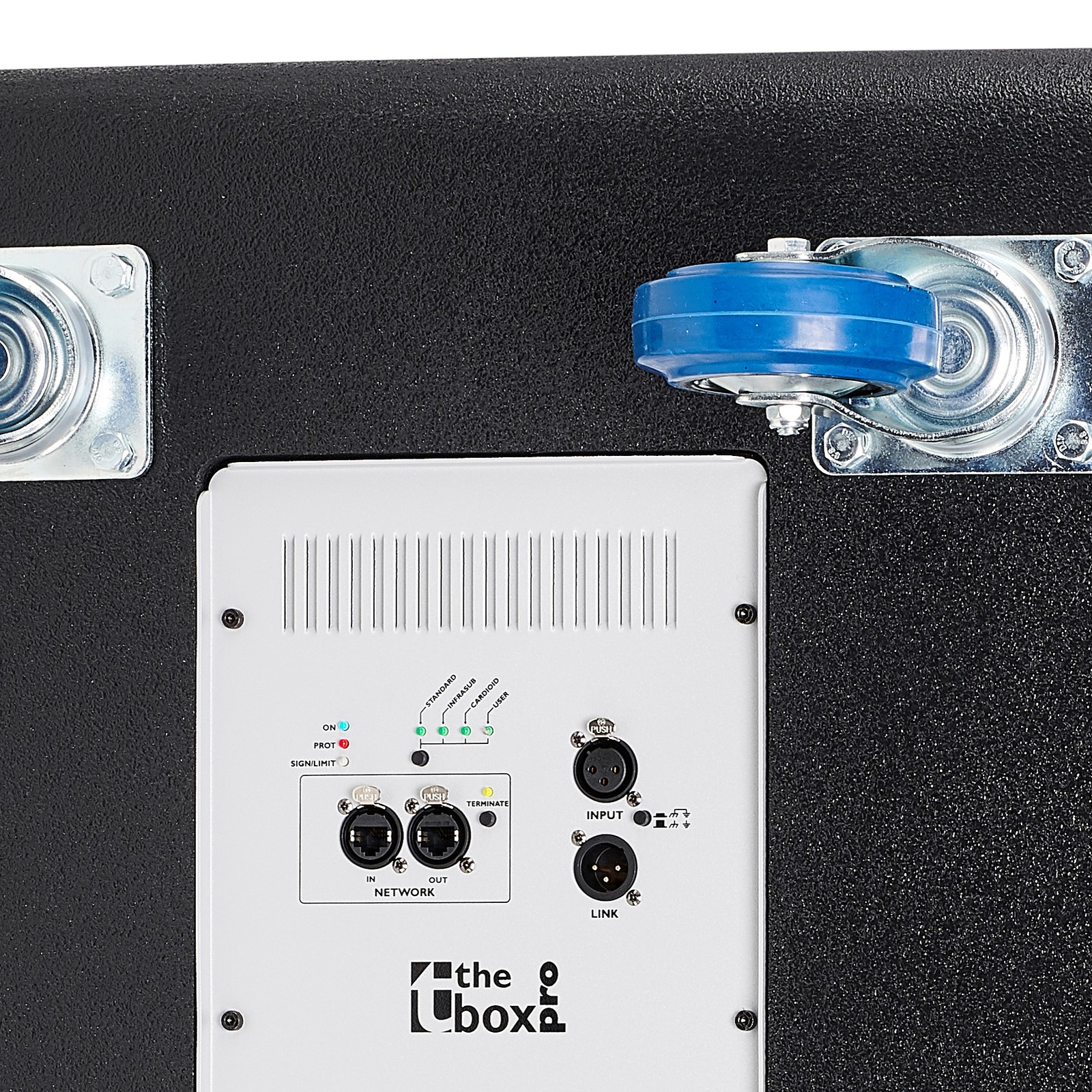 Anschlüsse und Rollen am the box pro A 121 LA Subwoofer Aktiver 21" Bandpass-Subwoofer