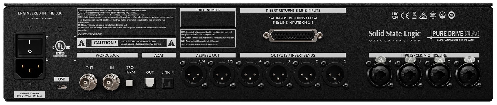 Rear panel of the SSL Pure Drive Quad with connectors