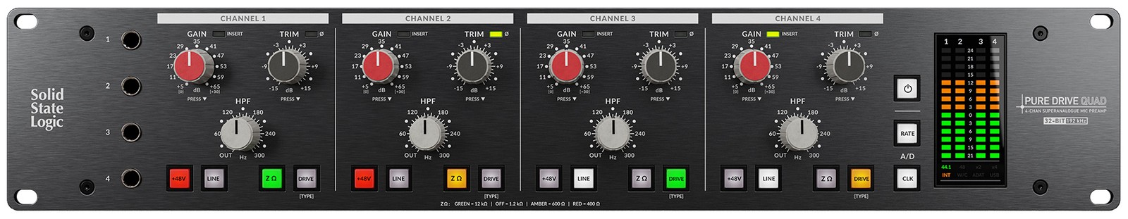 Front panel of the SSL Pure Drive Quad Preamp