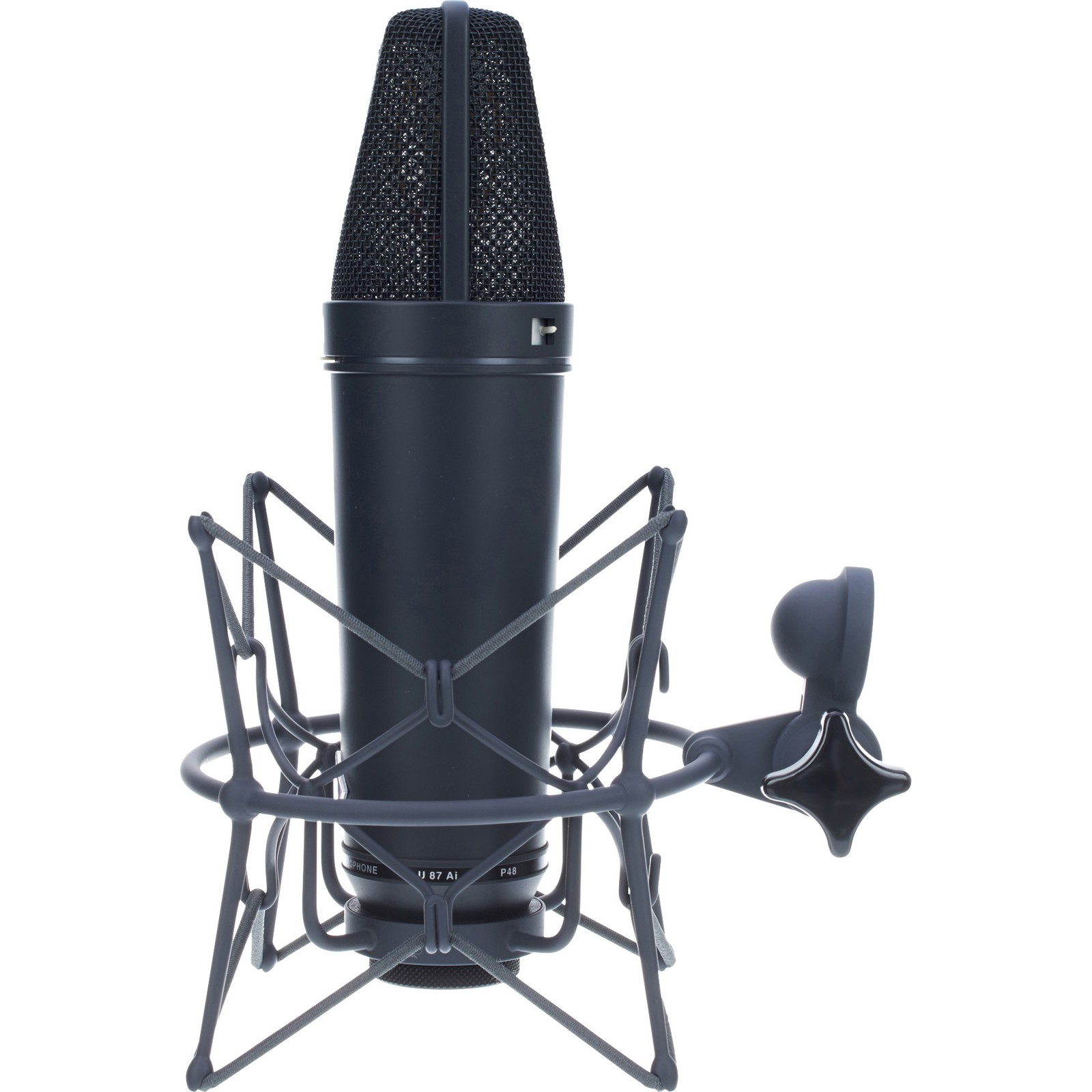 Black Neumann EA 87 shock mount with Neumann U87 Ai large-membrane condenser microphone
