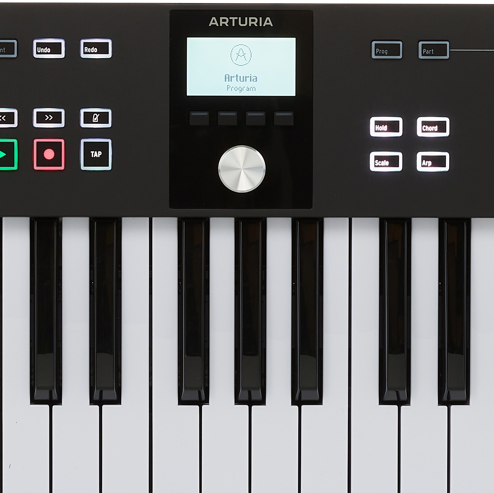 Keys, rotary encoders, and faders on the Arturia KeyLab Essential 61 MK3 Black