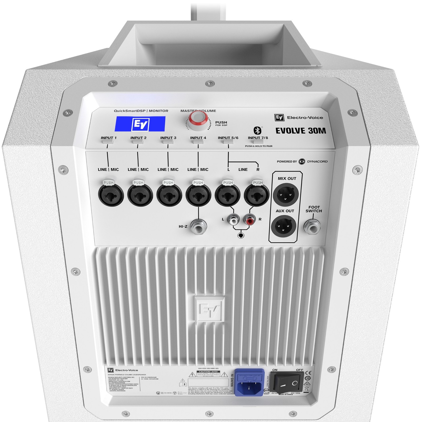 Bedienfeld und Anschlüsse des aktiven EV Evolve 30M White Säulenlautsprechersystems