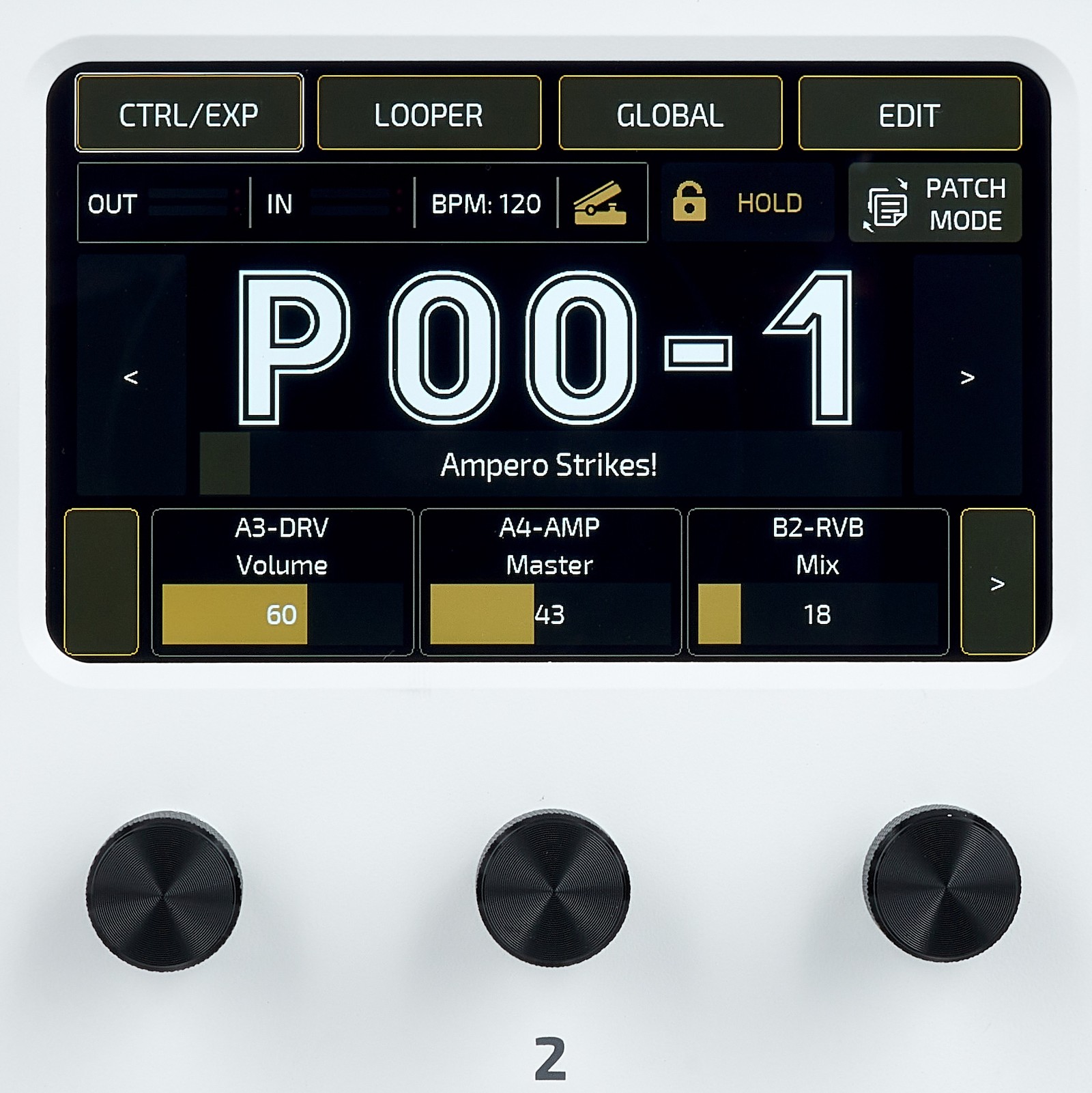 Touchscreen Bildschirm des Hotone Ampero II Stomp
