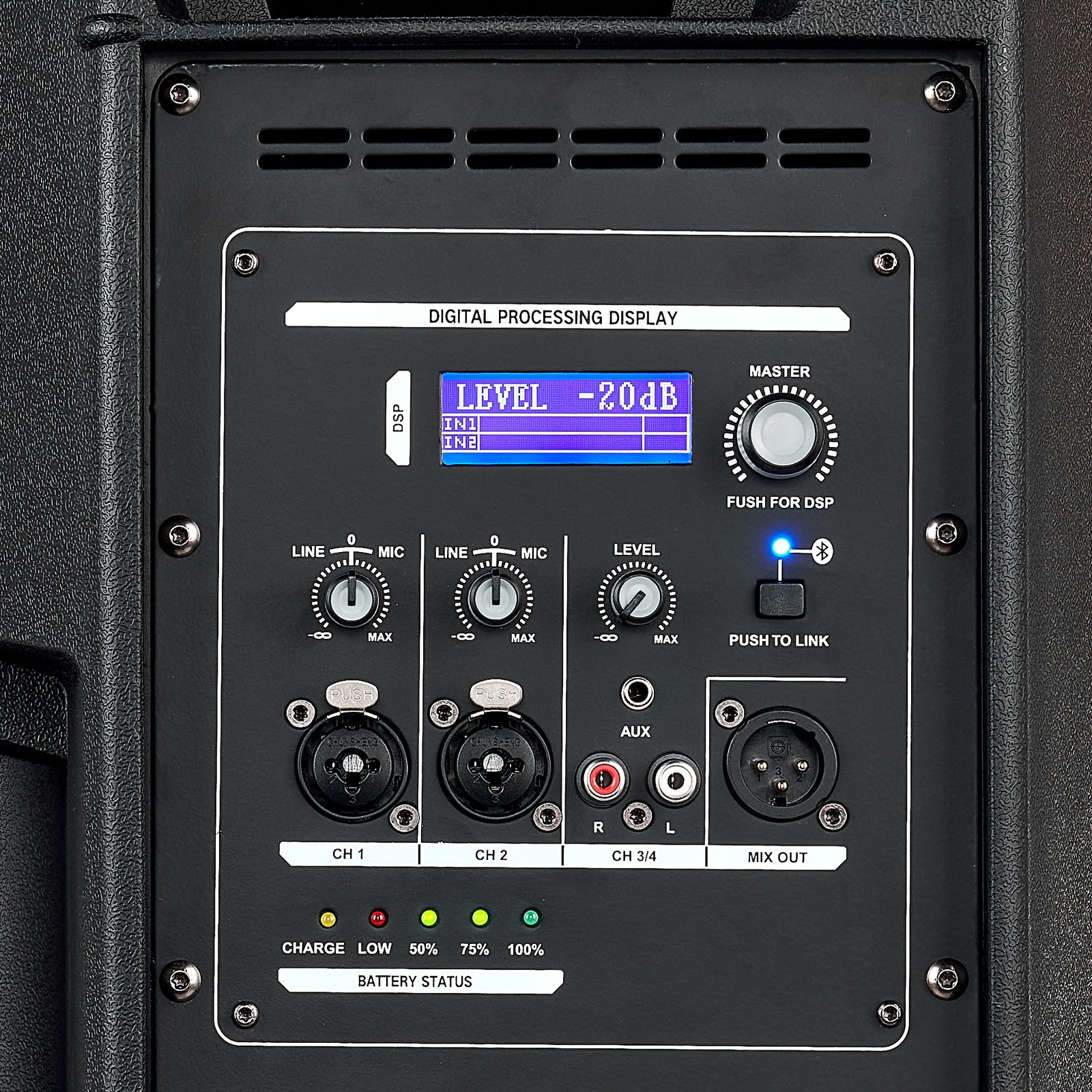 Connections and control panel on the box pro DSP 110 BP active full-range rechargeable loudspeaker