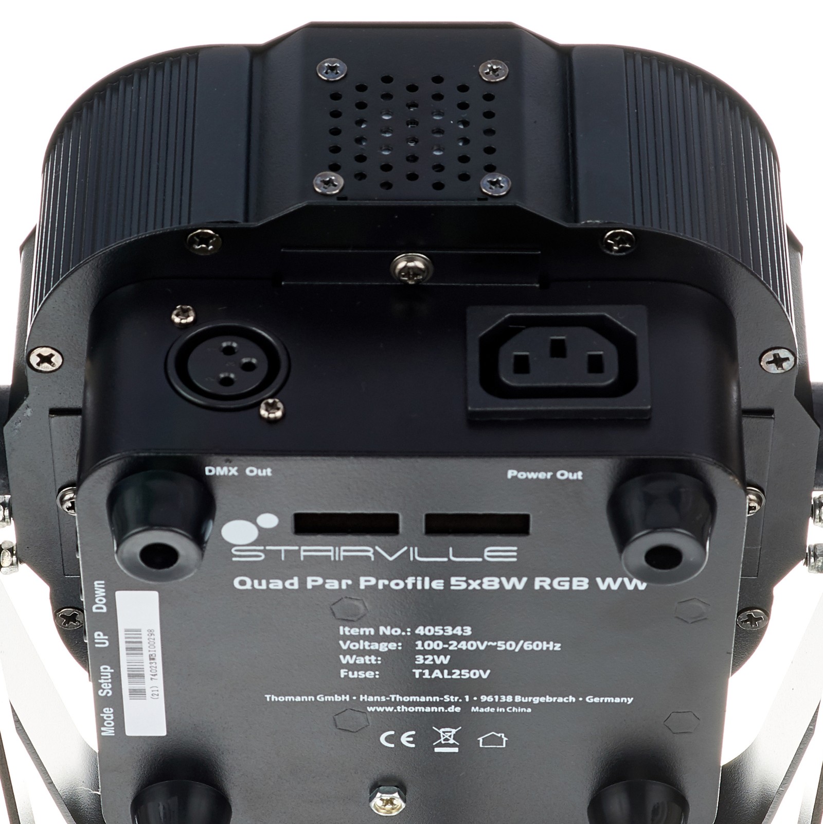 Rückseite mit Anschlüssen des Stairville Quad Par Profile 5x8W RGB WW