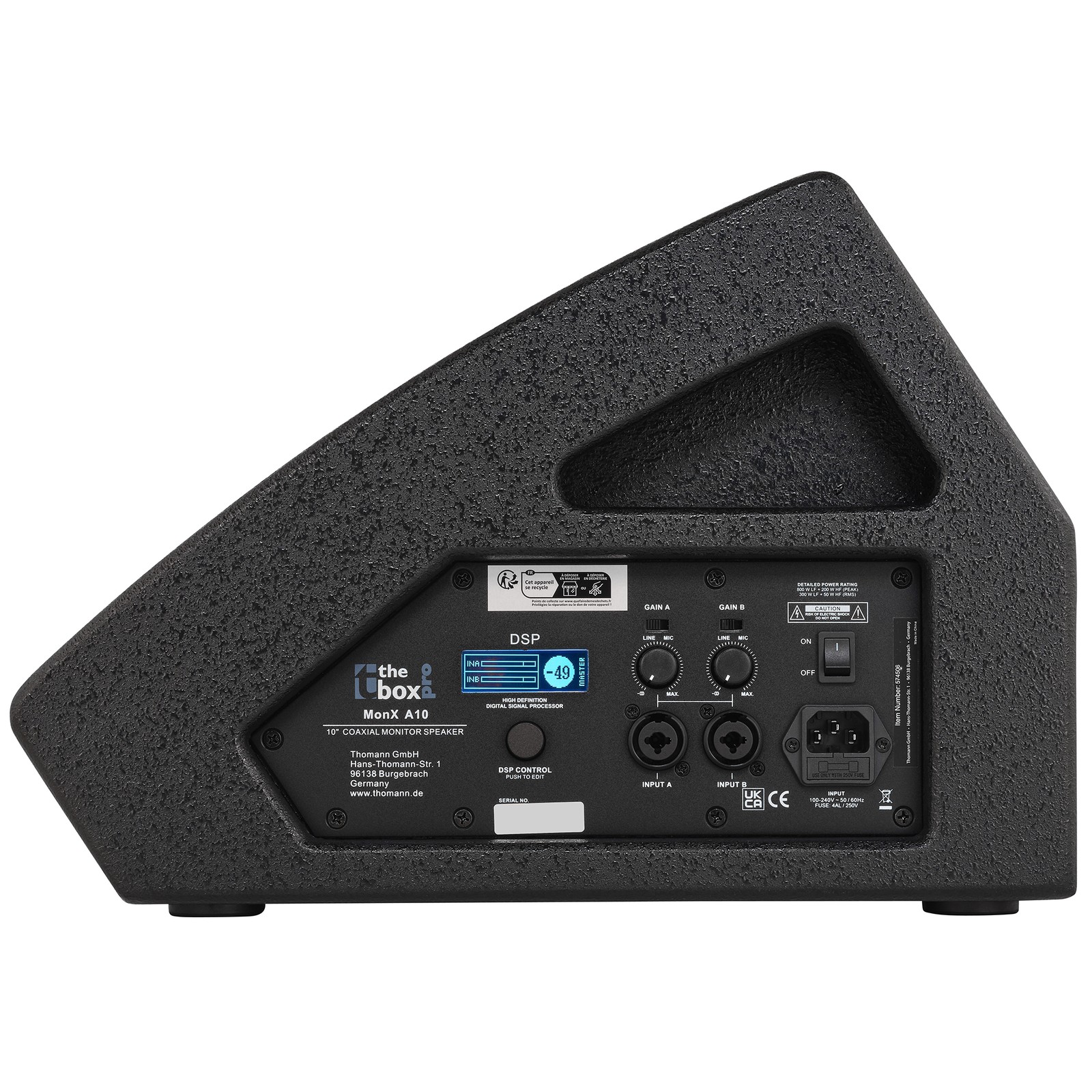 the box pro MonX A10, Seitenansicht des aktiven 2-Wege-Bühnenmonitor mit DSP