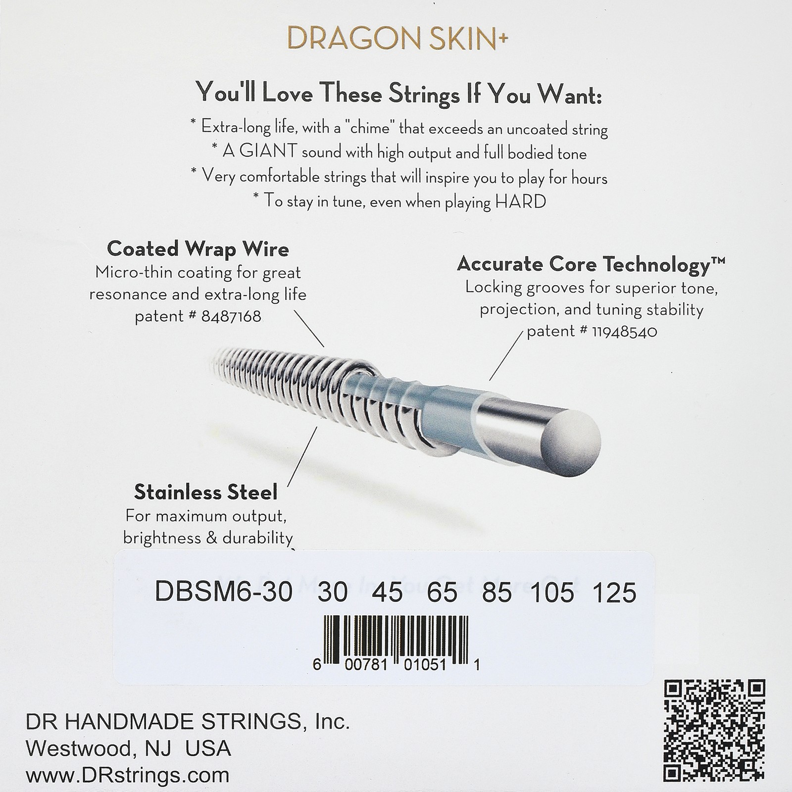 DR Strings Dragon Skin+ DBSM6-30 Coated, rear of packaging