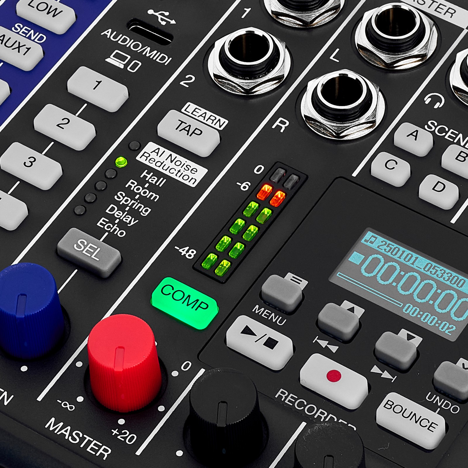 Zoom LiveTrak L6max, detail of the 12-channel digital mixer & recorder