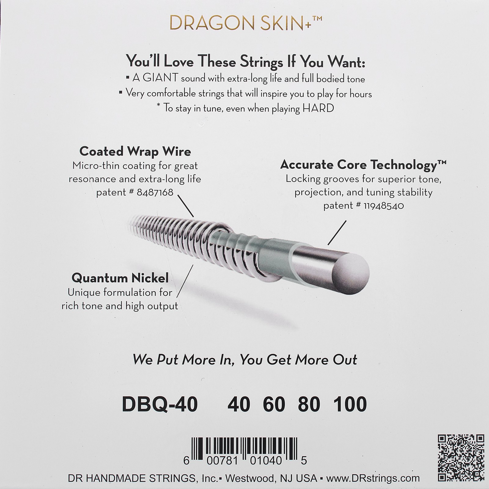 DR Strings Dragon Skin+ DBQ-40 Coated, Verpackung Rückseite