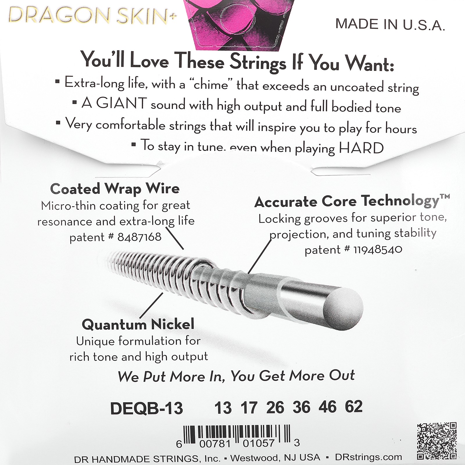 DR Strings Dragon Skin+ DEQB-13/62 Coated, rear of the packaging