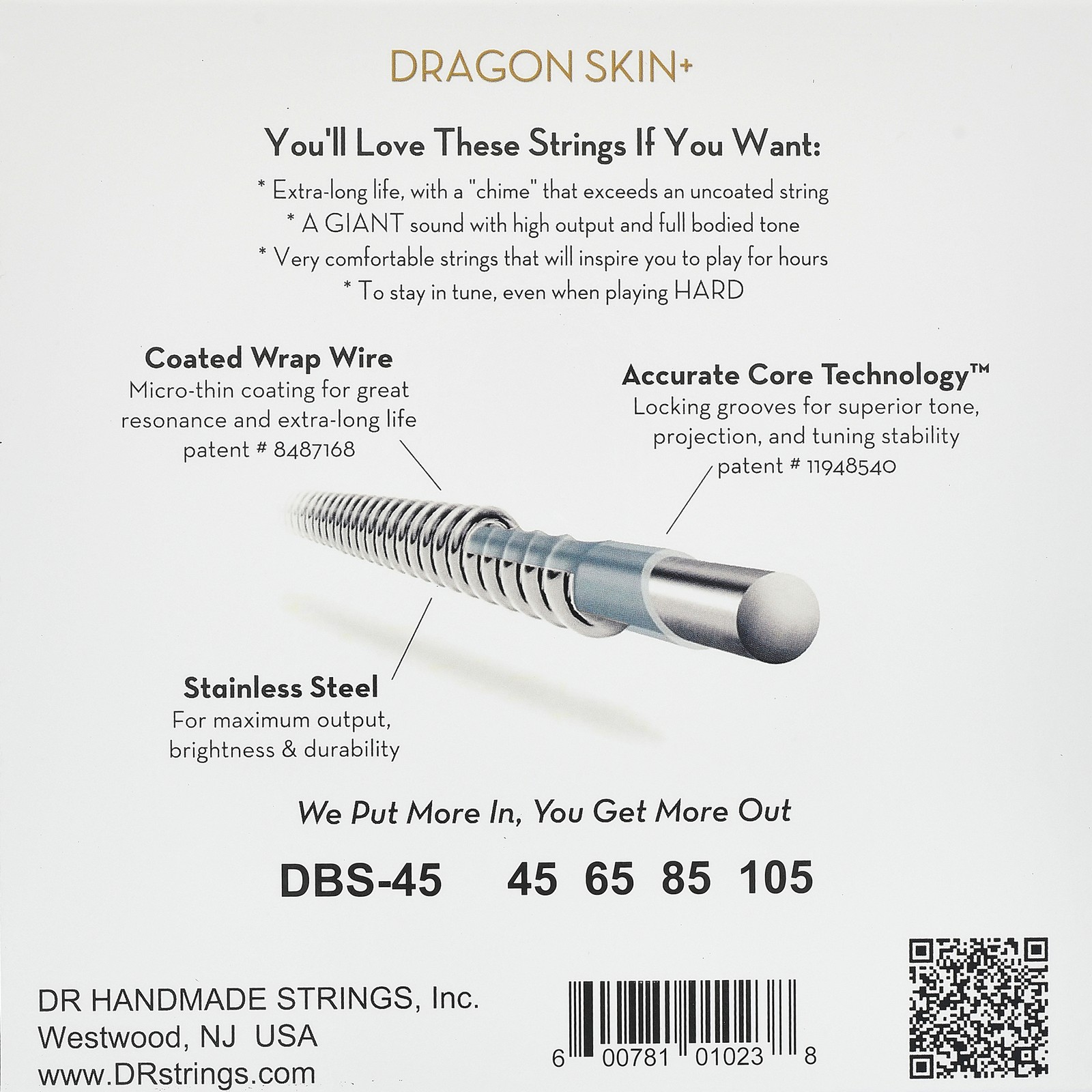 DR Strings Dragon Skin+ DBS-45 Coated, Rückseite Verpackung