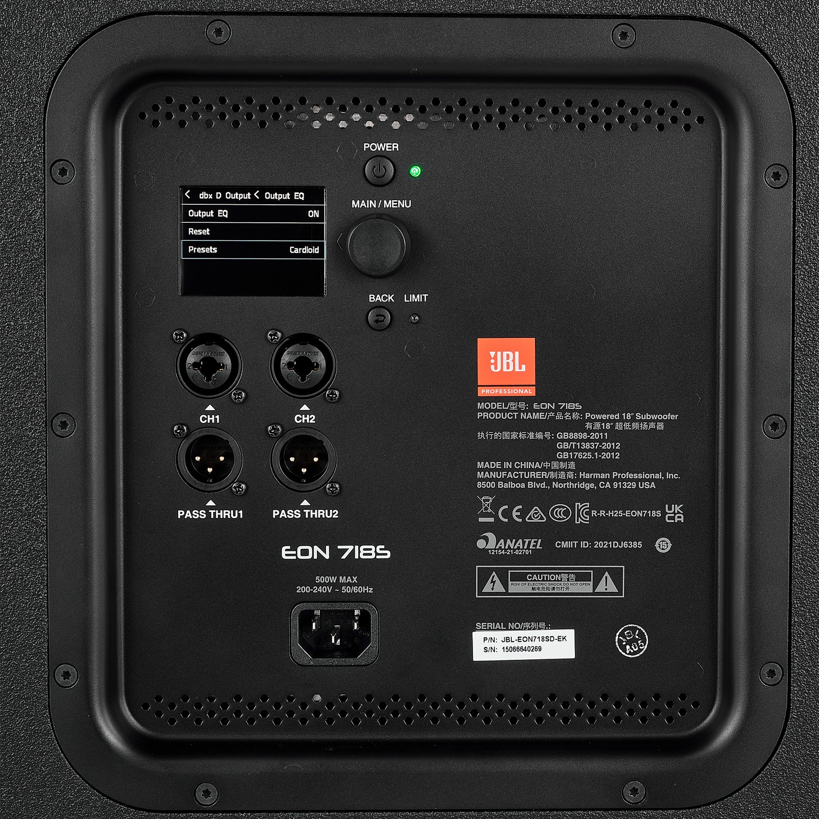 Rear panel of the JBL EON 718S