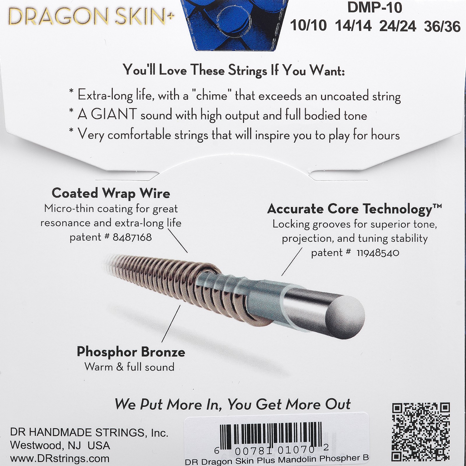 DR Strings Dragon Skin+ DMP-10 Coated, Verpackung Rückseite