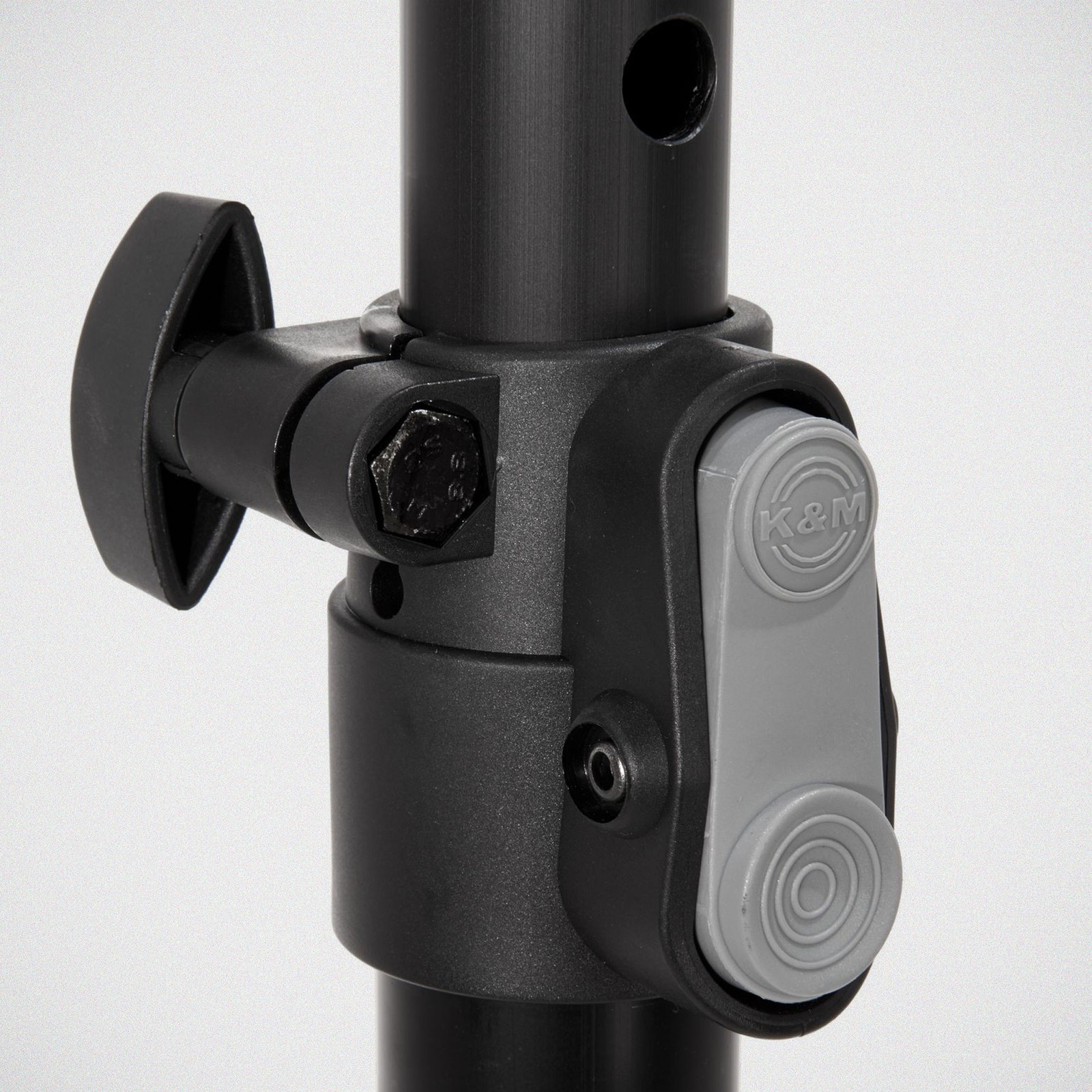 K&M 21449 speaker stand, with K&M's patented combination push-button and locking screw mechanism