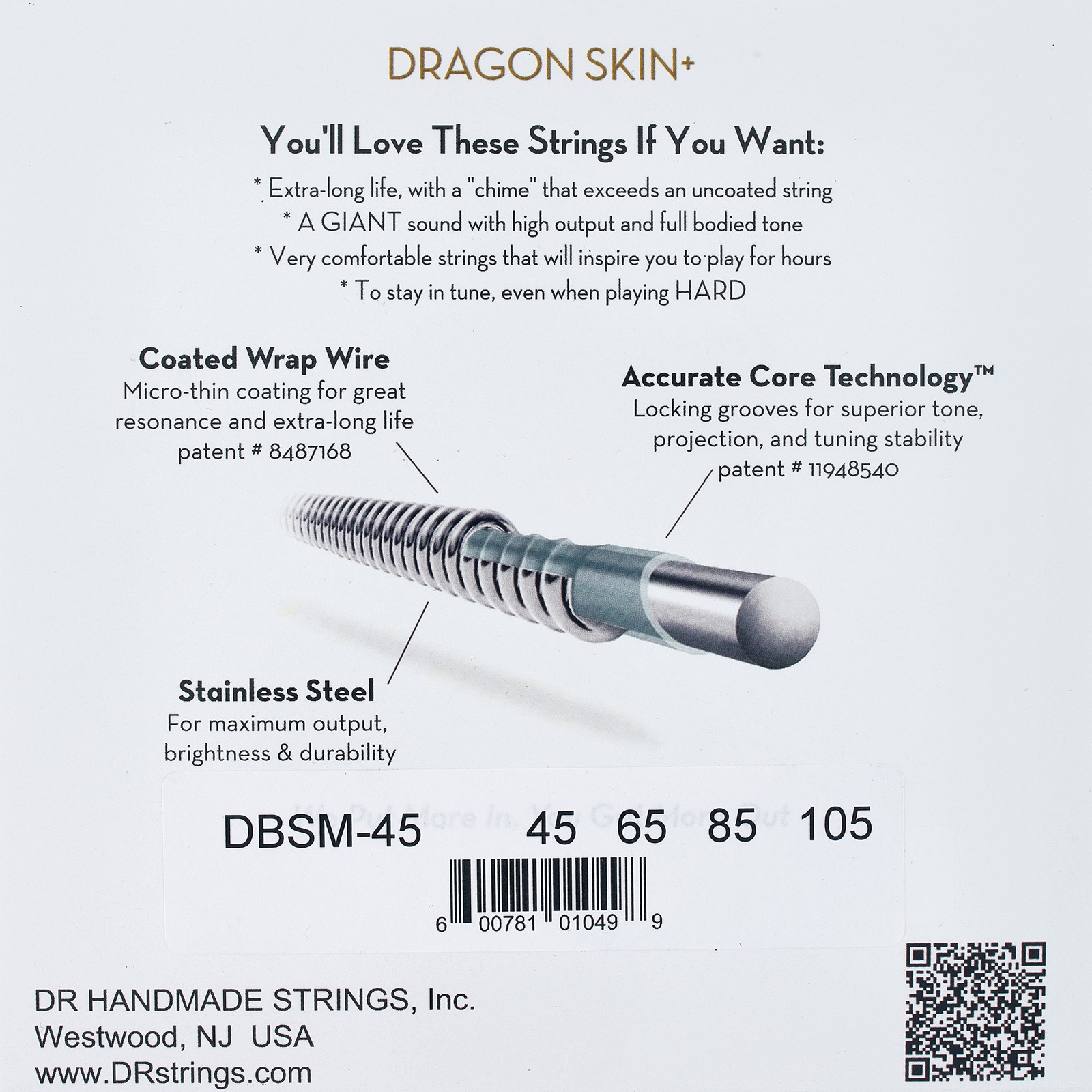 DR Strings Dragon Skin+ DBSM-45 Coated, Rückseite Verpackung