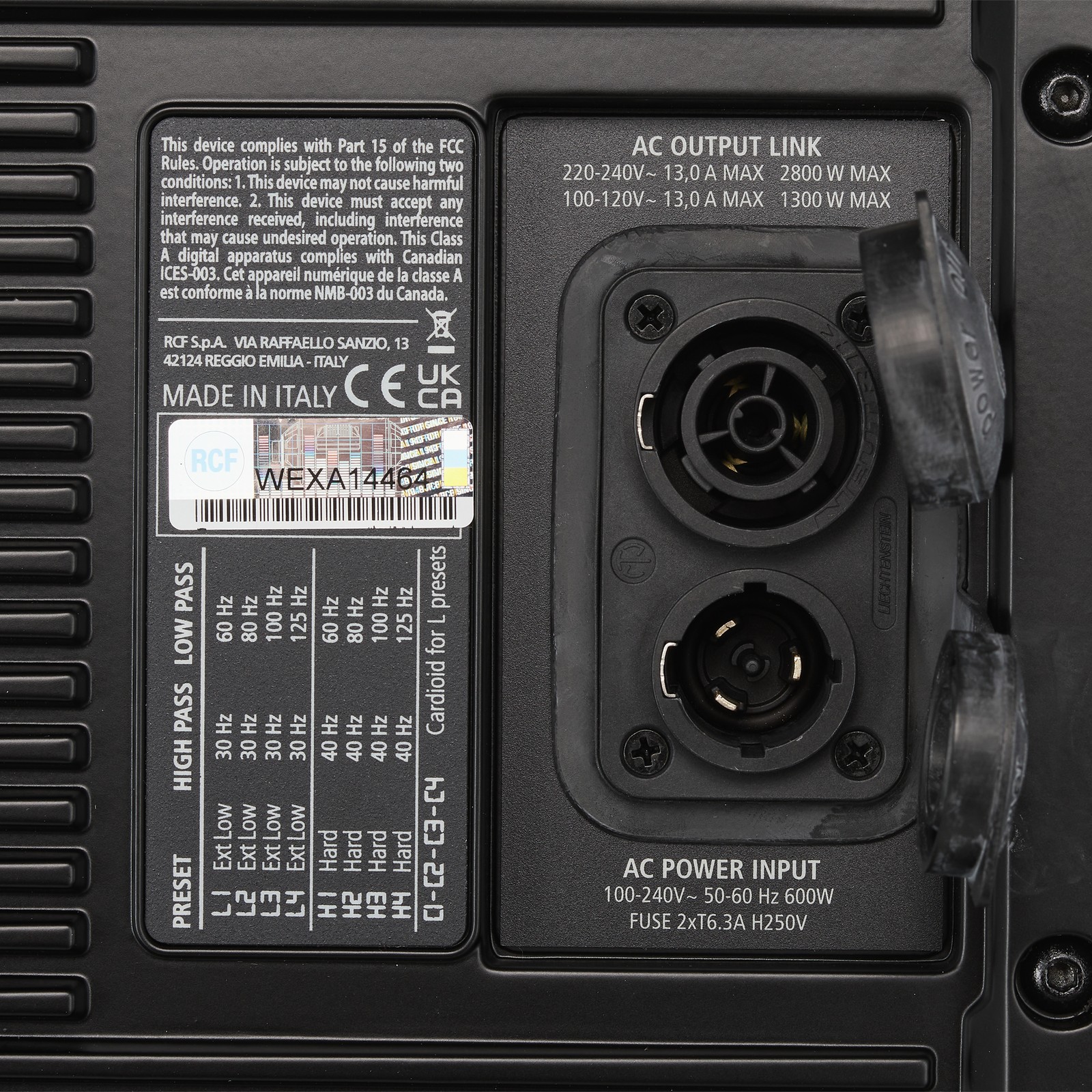 Face arrière du SUB 8008-AS de RCF