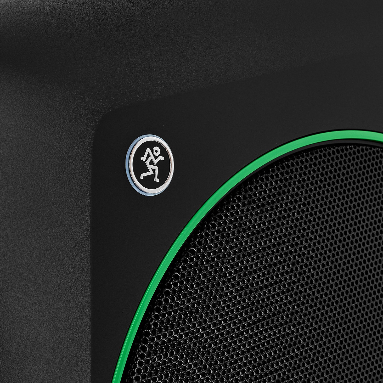 Manufacturer's logo on the Mackie CR8S BT, active Bluetooth subwoofer