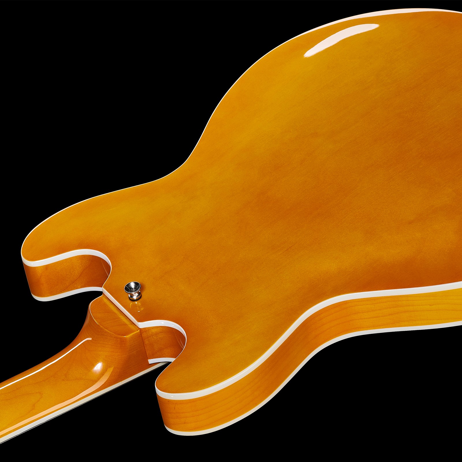 Rear view of the Harley Benton HB-50 Vintage Orange, semi-hollow electric bass