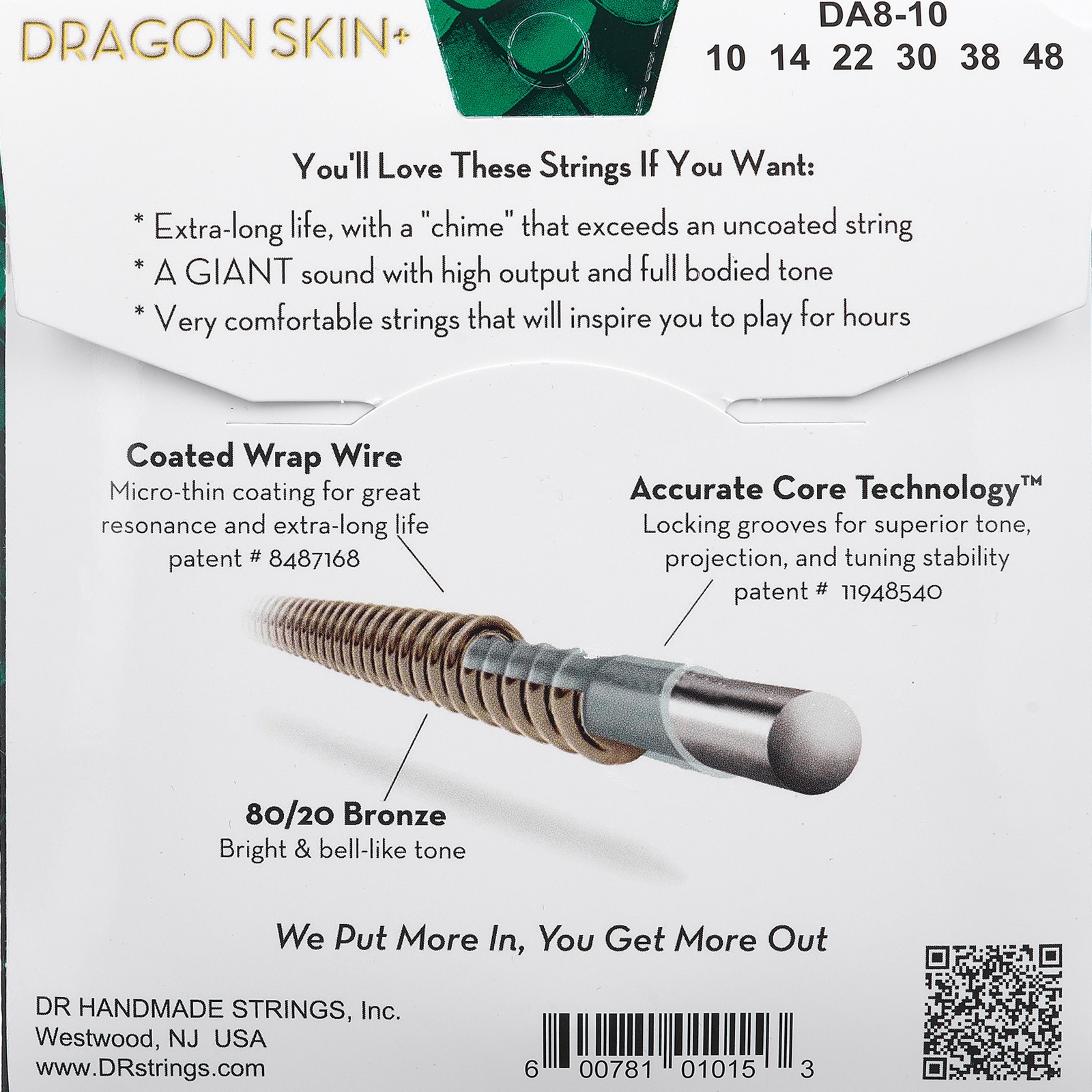 DR Strings Dragon Skin+ DA8-10 Coated, rear of packaging