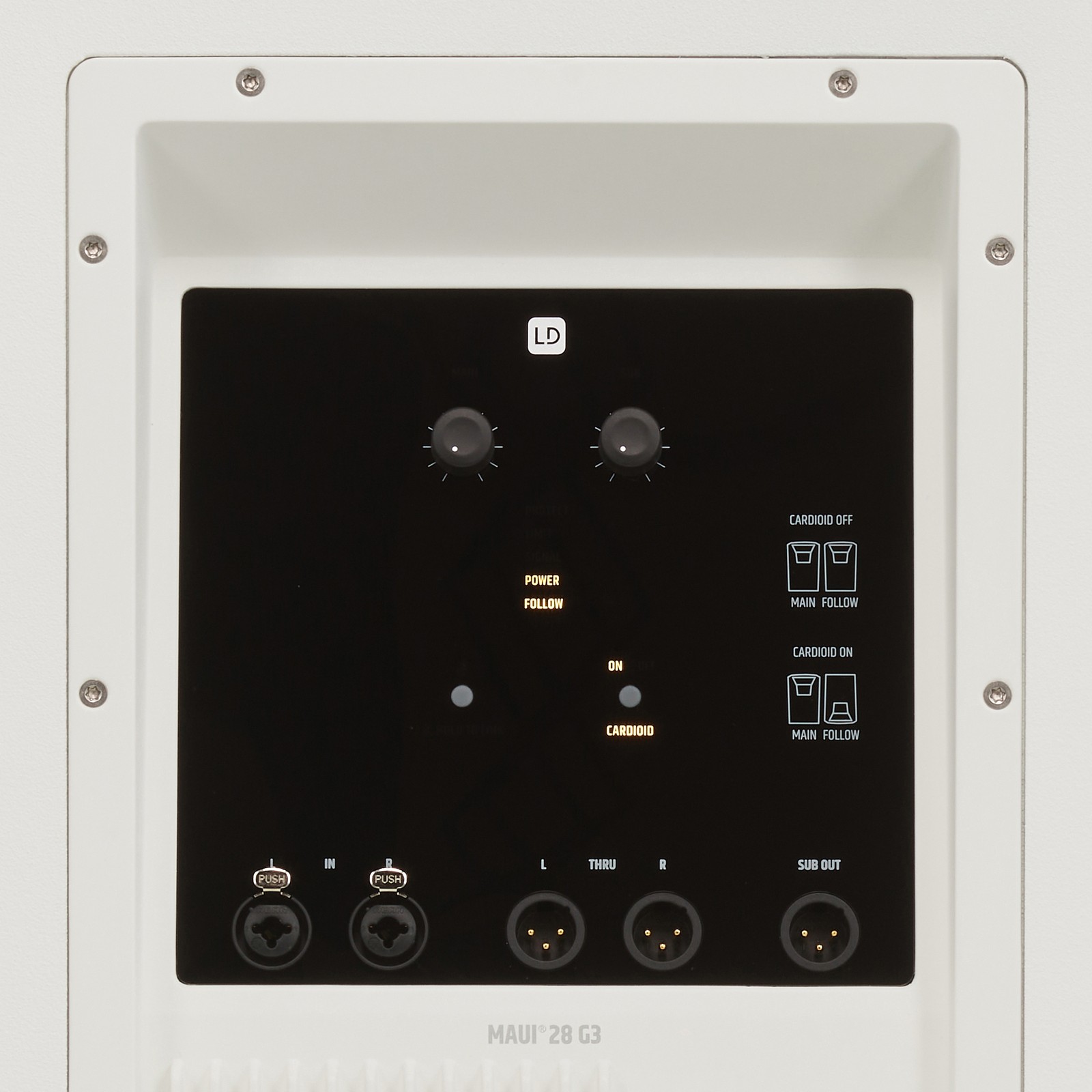 LD Systems Maui 28 G3 White, controls and sockets on the rear of the sub